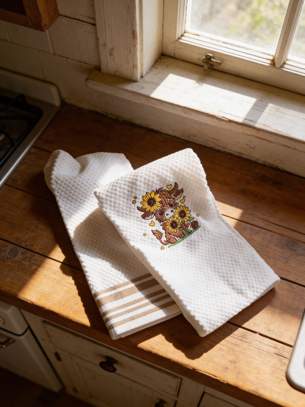 sunflower highland cow towel set