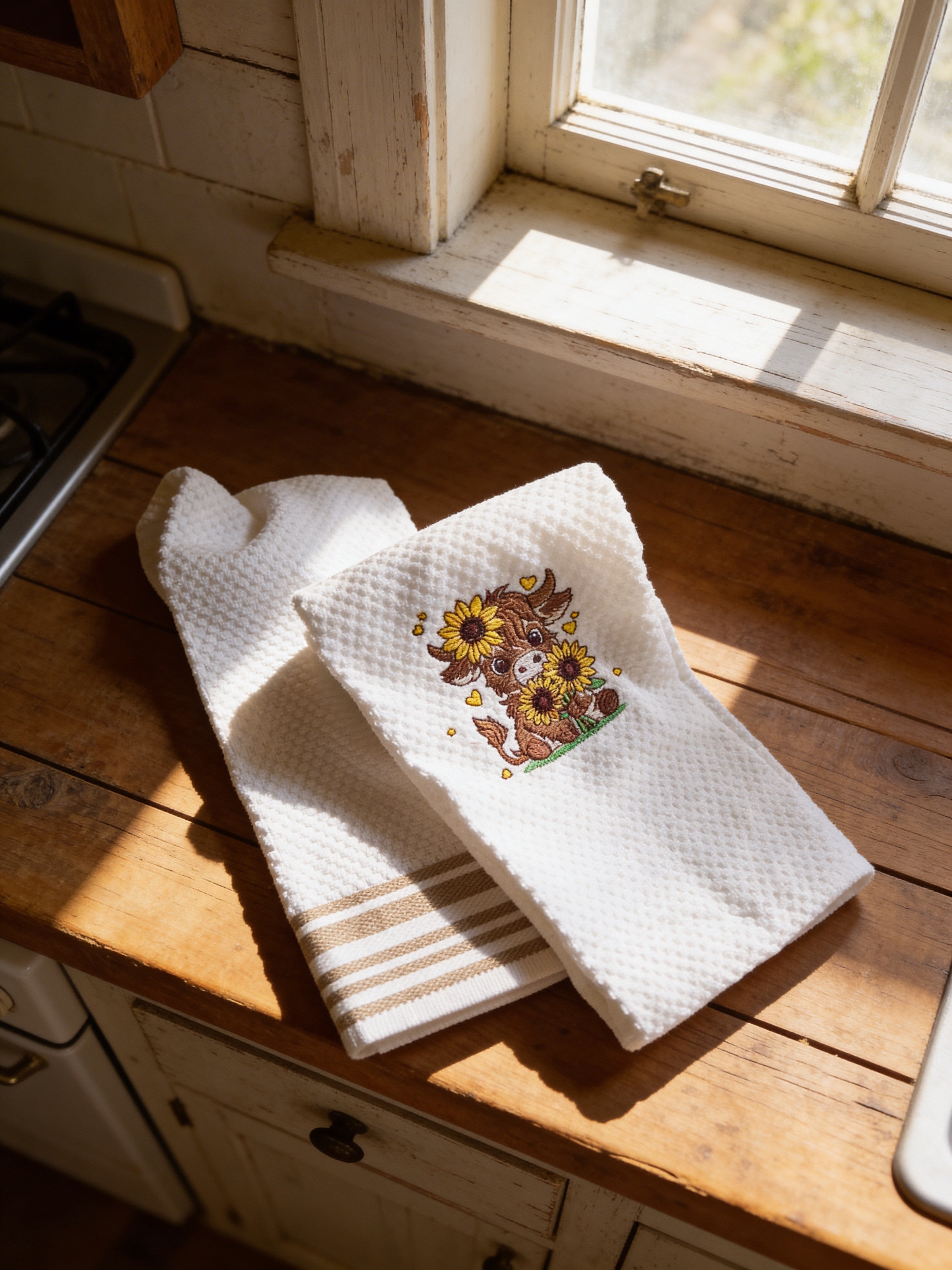 sunflower highland cow towel set